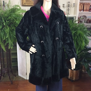 Vintage 60s Black  Faux Fur mini Coat,Mod Black Faux Seal twiggy , 1960s Vegan Faux Black Seal  Jacket, Shiny CoatOrnate Buttons Small