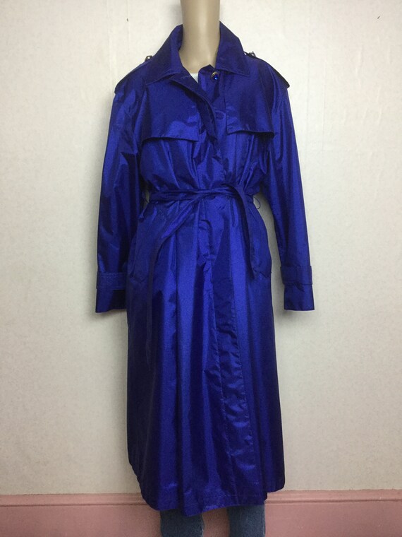 Vintage 80s Metallic Raincoat , Cerulean Blue Tre… - image 5