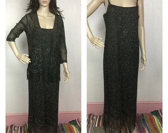 90s Gold Iridescent Crochet Dress and Jacket Set, Fringe Hemline, Sparkle Gown