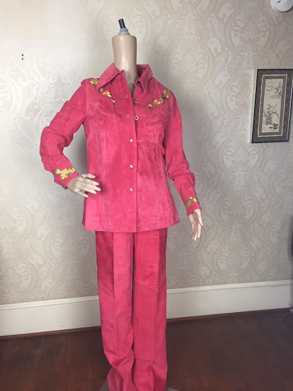 Hot pink Suede Western Outfit 70S Two  piece Embro