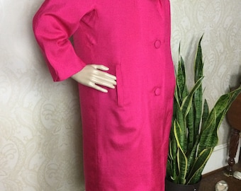 Vintage 50s Hot Pink Silk Shantung Coat, Trapeze Duster, M