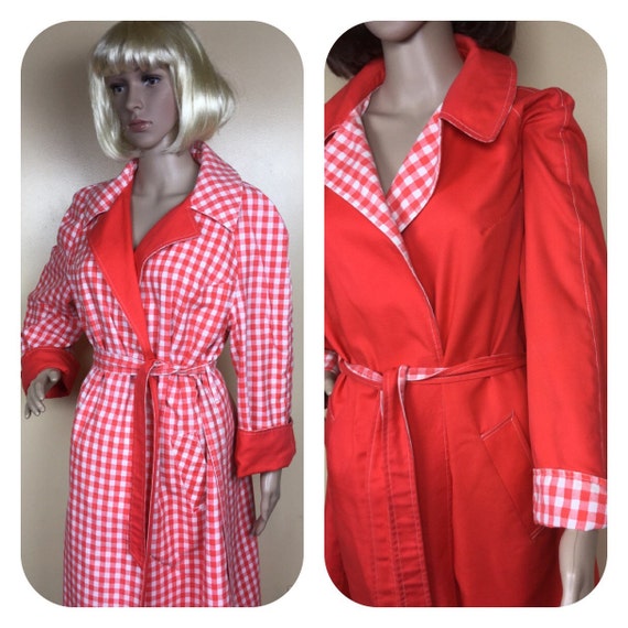 Red Gingham Coat, Wrap Reversible Spring Coat, MI… - image 4