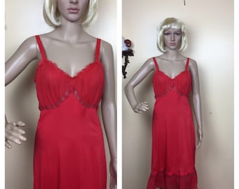 Vintage 50s Red Nylon Nightgown, Chantilly Lace Slip Dress, 36 B