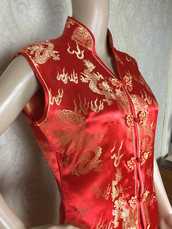 Vintage  Red & Gold cheongsam  Satin oriental asi… - image 2