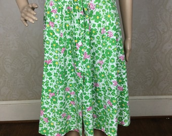 Vintage 70s Frog Print Skirt, Green Floral, Drawstring Waist
