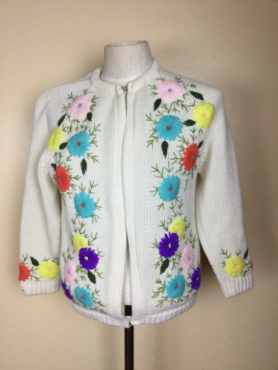 vintage 50s Cardigan Sweater , Embroidered Floral 