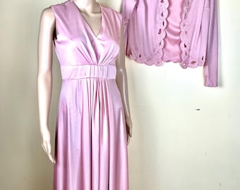 Vintage 80s PINK Maxi Dress &  Bolero, wedding bridesmaid Mother of the Bride , ML
