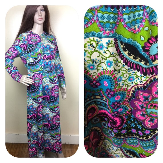 Vintage 60s psychedelic  barkcloth Dress, Maxi Dr… - image 2