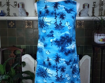 Vintage hawaiian dress, 60s pictoral blue hawaii dress, Royal Hawaiian Dress  M