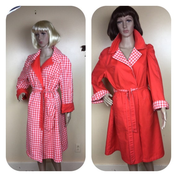 Red Gingham Coat, Wrap Reversible Spring Coat, MI… - image 2