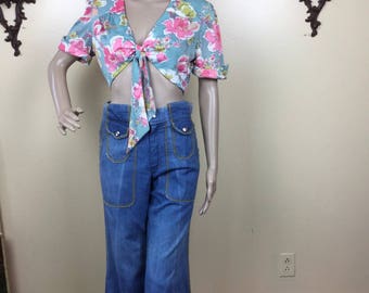 Vintage 70s Midriff Top, Boho Hippie Crop tie Shirt