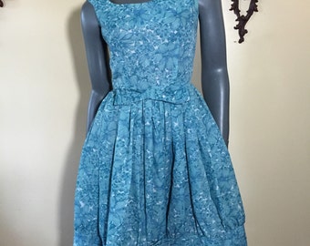 Vintage 50s Blue Voile Dress,  1950s baby blue floral ,  rockability ,MCM , SM