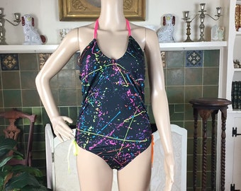 vtge 90s neon halter  swimsuit , one piece bathing suit , day glo  galaxy , open back