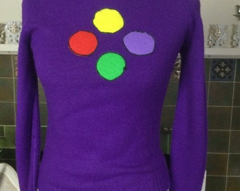 Vintage 70s Bobby Brooks Purple Knit Sweater, Crochet Detail (SM)