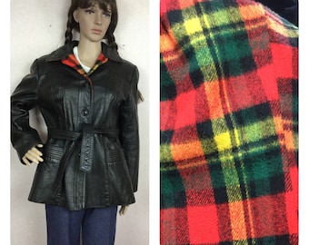 Vintage 70S Leather Coat, Red Flannel Lined Jacket , Belted , Sm