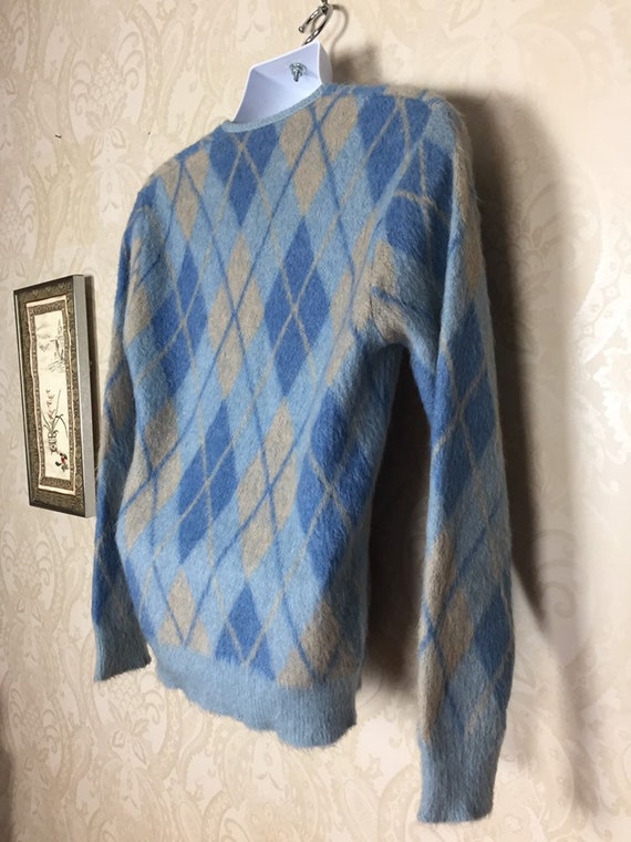 Vintage 50s  Mohair  Sweater, Blue  argyle wool,1… - image 8