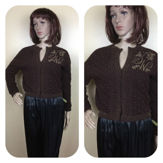 Vintage 50s Beaded Cardigan sweater 1950s Brown  … - image 2