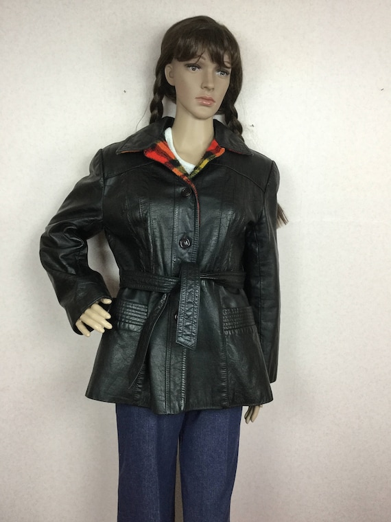 Black Leather Hooded Jacket, red plaid Lining , SM - Gem