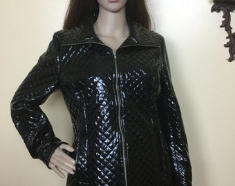 vintage 90s  black shiny vinyl black jacket 1990s Y2K vinyl Coat B38