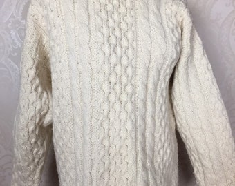 pull irlandais vintage, pull en tricot pêcheur beige crème XL