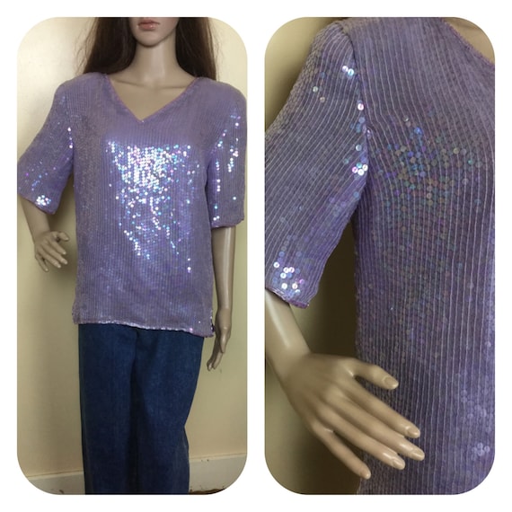 Disco Top , Vintage 80s Lilac sequin top , Mardi