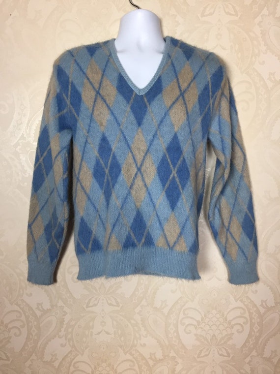 Vintage 50s  Mohair  Sweater, Blue  argyle wool,1… - image 1