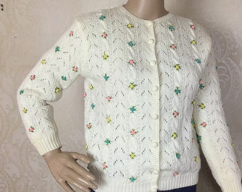 Vintage 50s Neiman Marcus Cardigan Sweater ,Embroidered white cardigan Sm