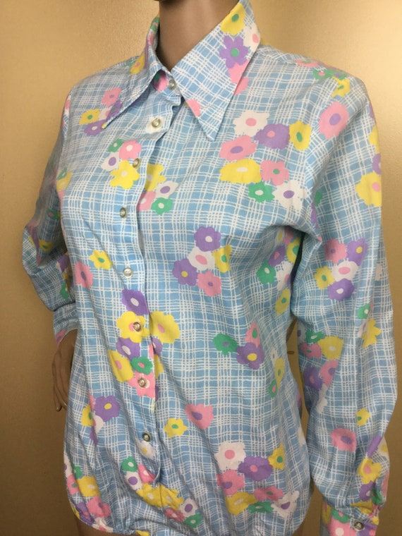 70s Floral Bodysuit Pastel Spring Shirt,Flower Po… - image 1