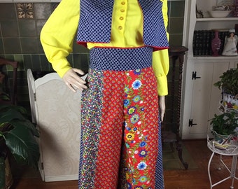 Vintage 70s Palazzo Pants &Vest, Prairie Red Calico 2 piece set