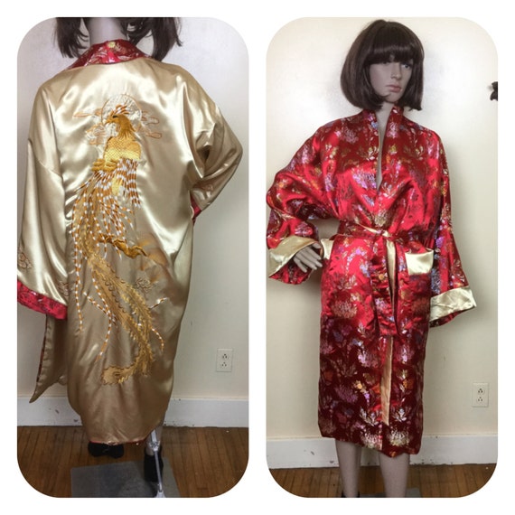 Vintage Embroidered Asian Kimono , Red Brocade Du… - image 1