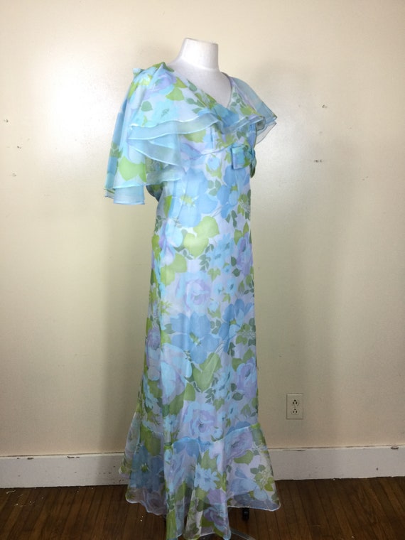 Vintage  70s Blue Floral Cape Dress, Sheer Chiffon - image 1