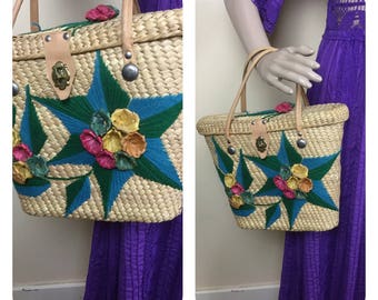 SALE 50s  Mexican straw beach bag Crewl purse ,  1960s  Straw Floral Purse, Sm   handbag, 1950s Rockability