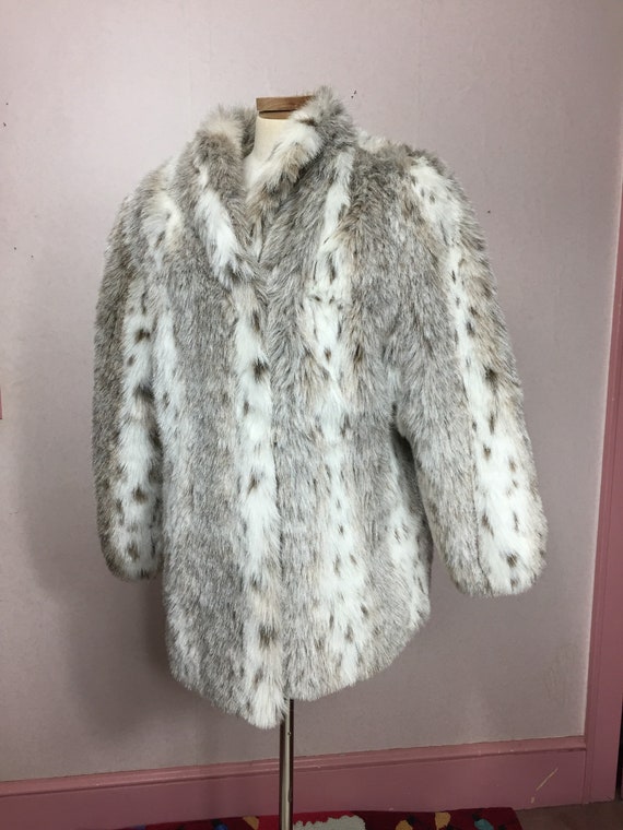 Vintage Faux Fur Coat 70s Plush Fur Gray White Fau