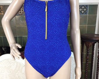 80s Cobalt  BLUE Swim suit,  Maillot , USA One Piece high leg zip front , SM