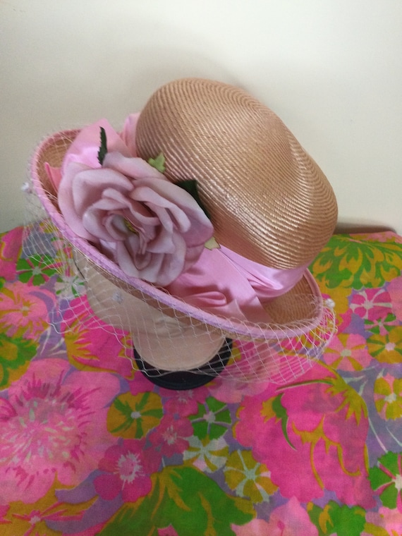 Vintage Rare 50s  Pink Pill Box Hat , pink Straw H