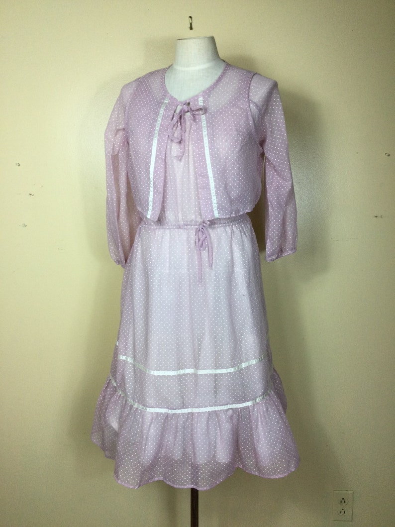 Vintage 70s lavender polka dot prairie dress , Sm M image 1