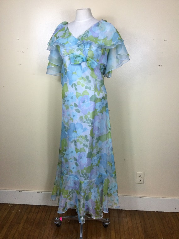 Vintage  70s Blue Floral Cape Dress, Sheer Chiffon - image 3