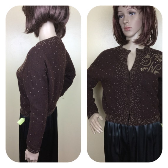 Vintage 50s Beaded Cardigan sweater 1950s Brown  … - image 5