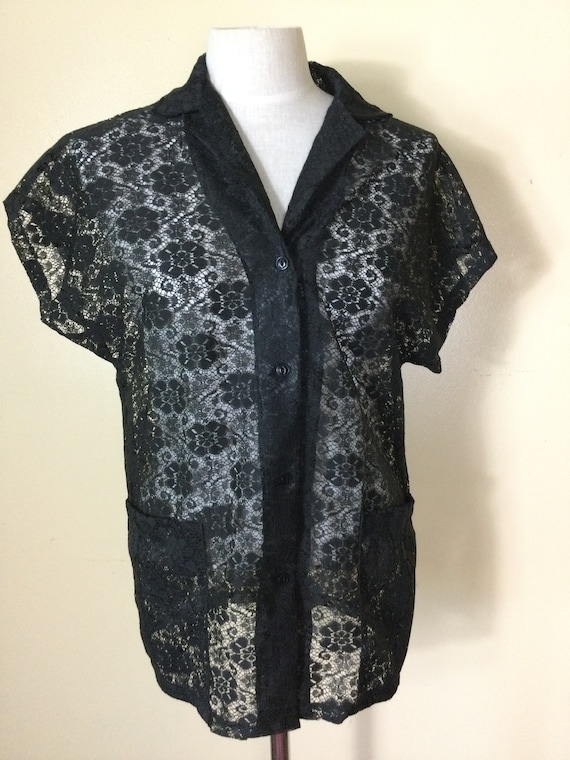 Vintage 90s Black Lace  Shirt  , witchy goth  , Gr