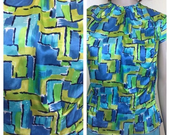 Vtge 50s 60s blouse  1960s abstract  50s blouse, small  50s   Pastel cap sleeve