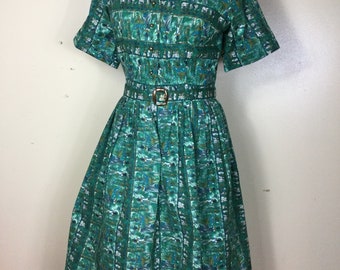 1950s Egyptian Novelty Print Dress, Green Full Sweep Rockabilly Style
