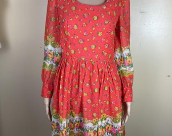 Vintage 70s border print  mini dress, Floral cotton voile  m