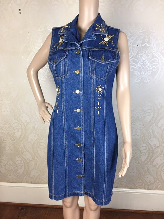 Vintage 90S bedazzled Denim Dress Jean Dress 90s … - image 1