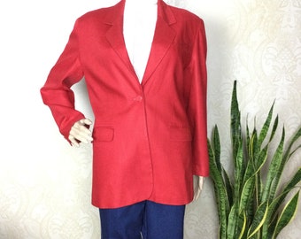 Vintage 80s red  Linen Blazer , Oversized 1980s Spring Coat , m