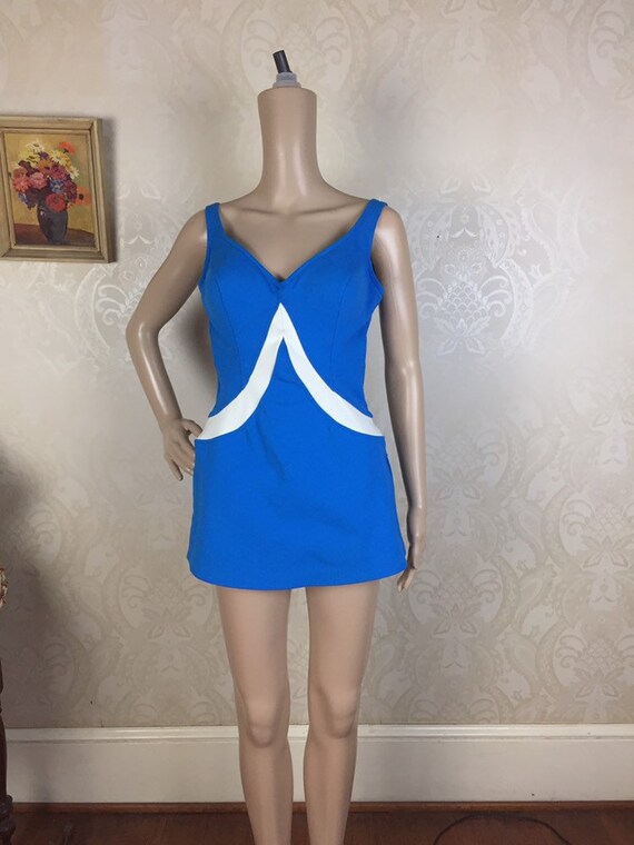 Vintage 60s Swimsuit , Mod Bright Blue One piece … - image 10