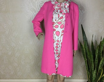 Vintage  60s mod  Hot Pink Coat & Silky Mini dress, Easter Dress, Easter Outfit Coat SM mini   Hot Pink and White ascot Dress shift Dress ,S