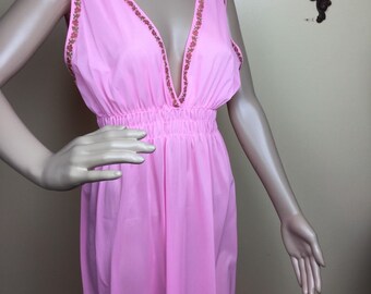 Vintage 60s Hot pink Nightie , Mrs . Maisel lingerie , Long nightgown , sheer sexy