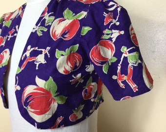 Vintage 40s Bolero top , kitschy Vivid Bright Floral top ,Pinup  Rockabilty Crop top M-L