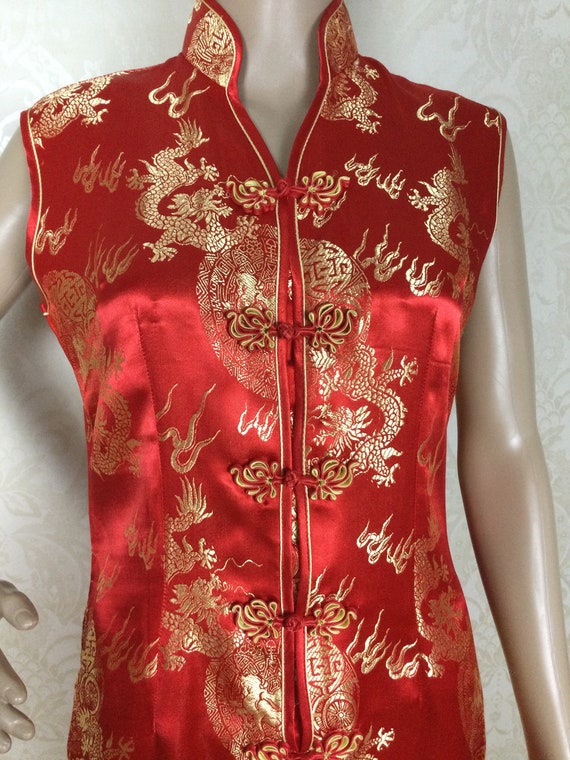 Vintage  Red & Gold cheongsam  Satin oriental asi… - image 7