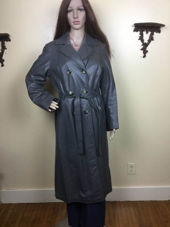 Vintage 70s Gray leather Trench Coat , 1970s Long